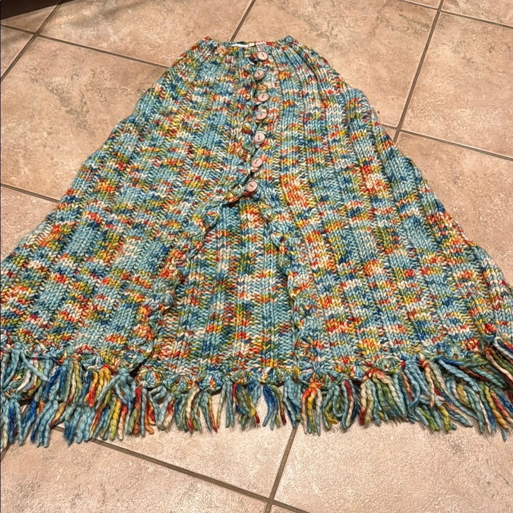 Multicolor Knit Poncho with Fringe